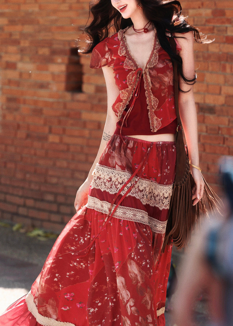 Red Print Lace Patchwork Silk Two Pieces Set Summer