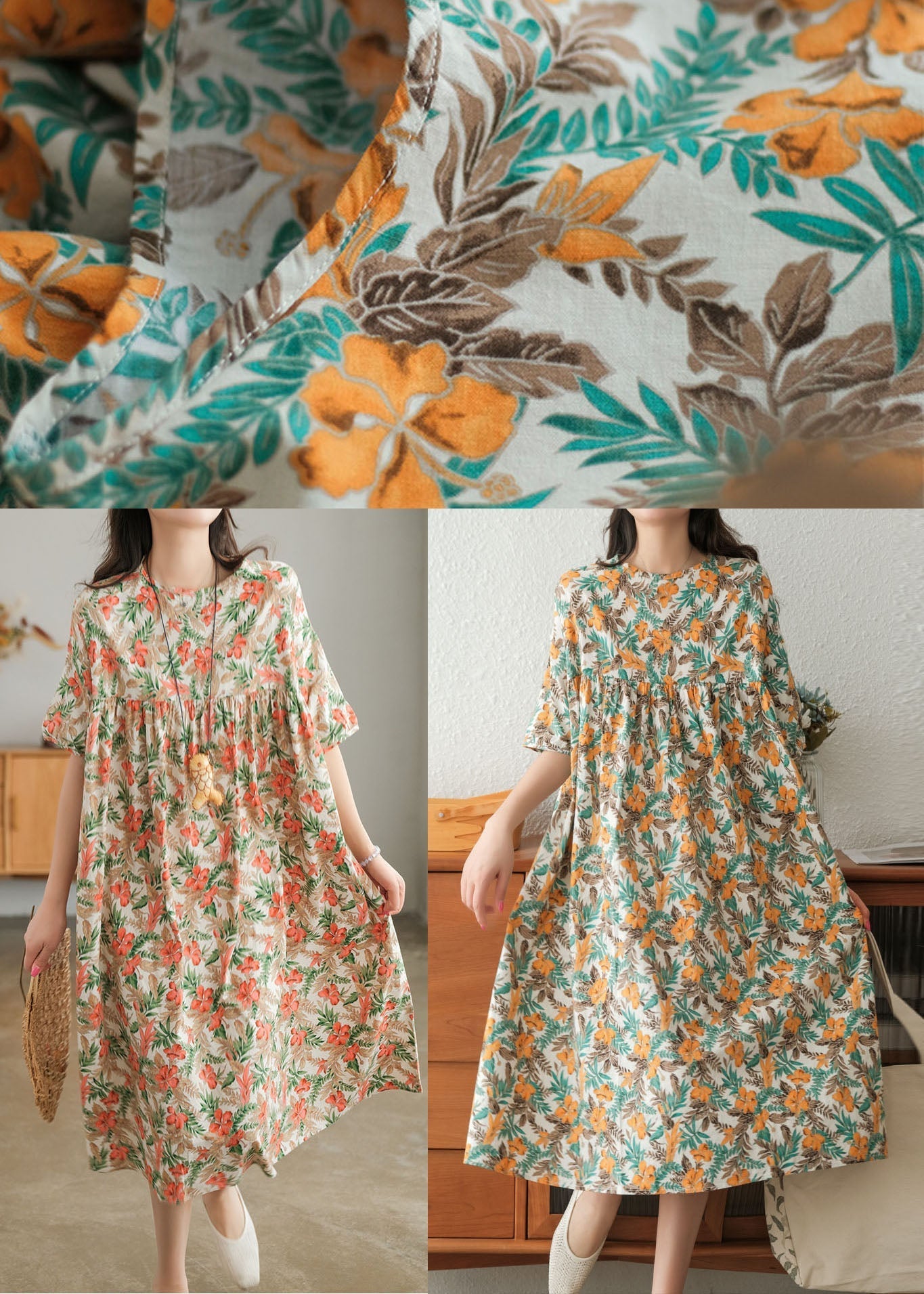 Red Print O-neck Cotton Beach Dresses Short Sleeve