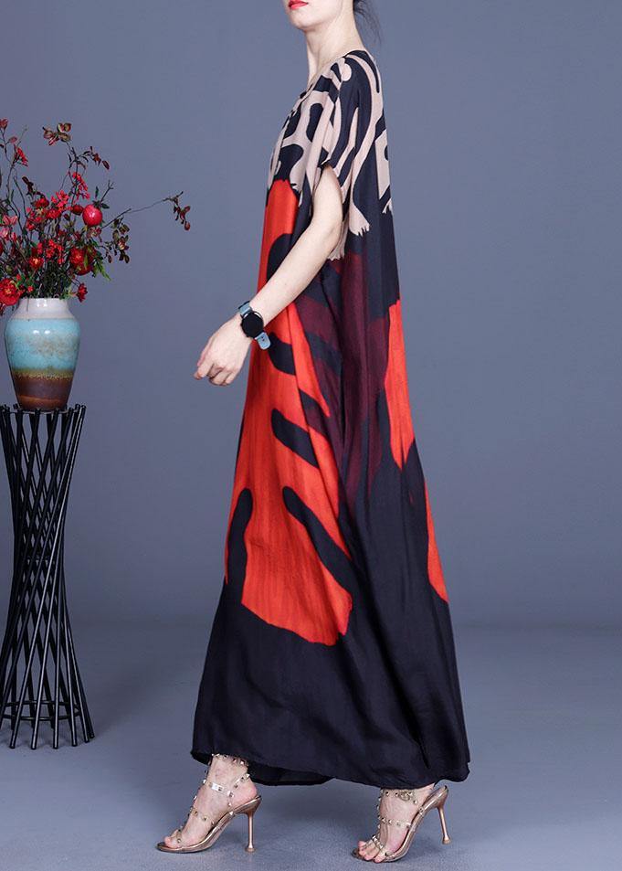 Red Print O-neck Silk Summer Maxi Dresses