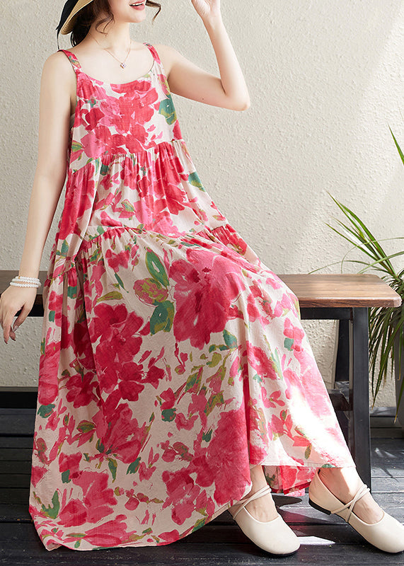 Red Print Patchwork Cotton Spaghetti Strap Dress Sleeveless