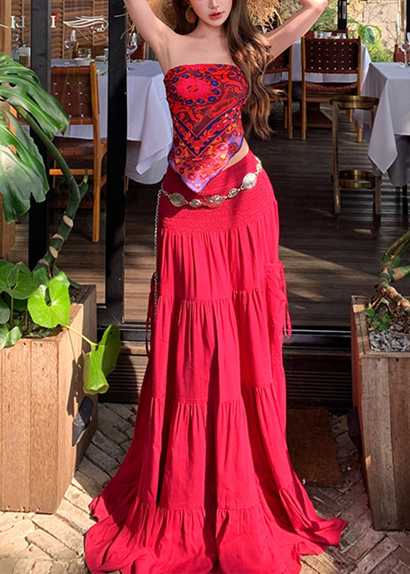 Red Print Vest and Maxi Skirts Two Pieces Set Summer