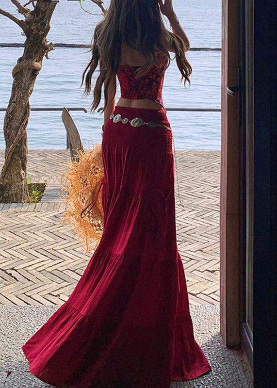 Red Print Vest and Maxi Skirts Two Pieces Set Summer