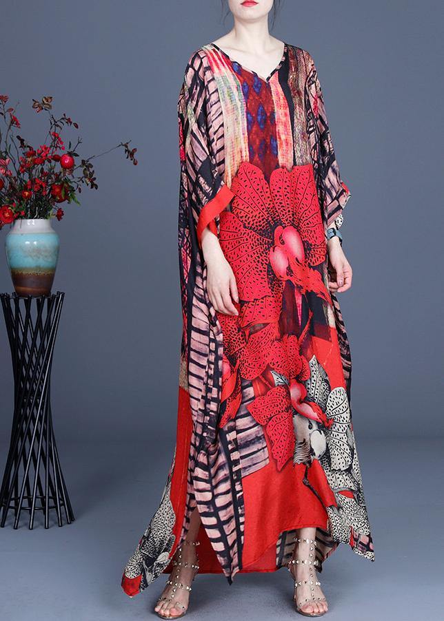 Red Print Side Open Maxi Summer Chiffon Dress
