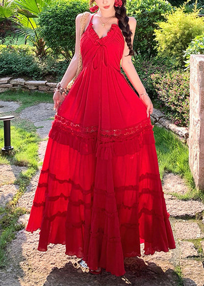 Red Ruffled Exra Large Hem Cotton Beach Dress Summer