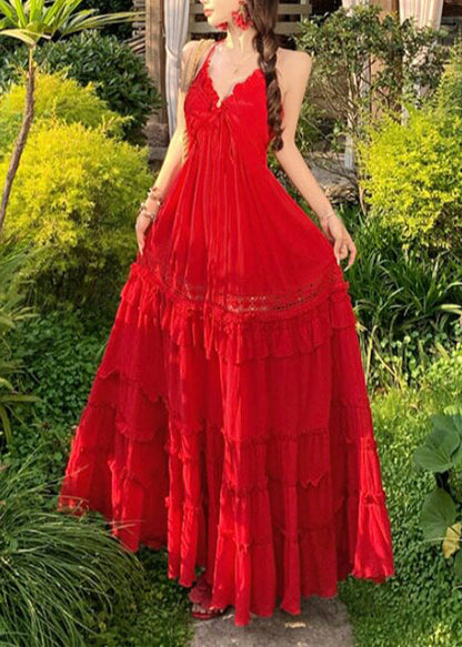 Red Ruffled Exra Large Hem Cotton Beach Dress Summer