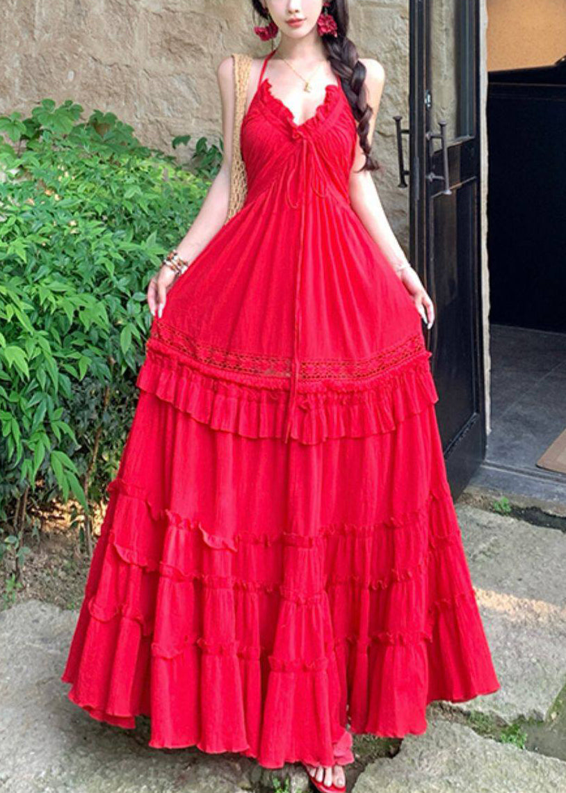 Red Ruffled Exra Large Hem Cotton Beach Dress Summer