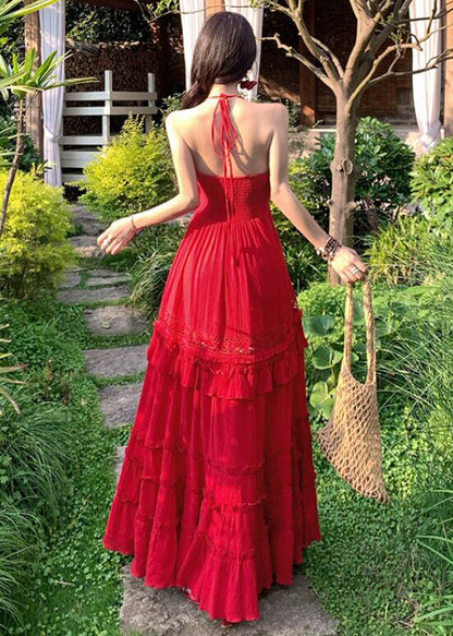 Red Ruffled Exra Large Hem Cotton Beach Dress Summer