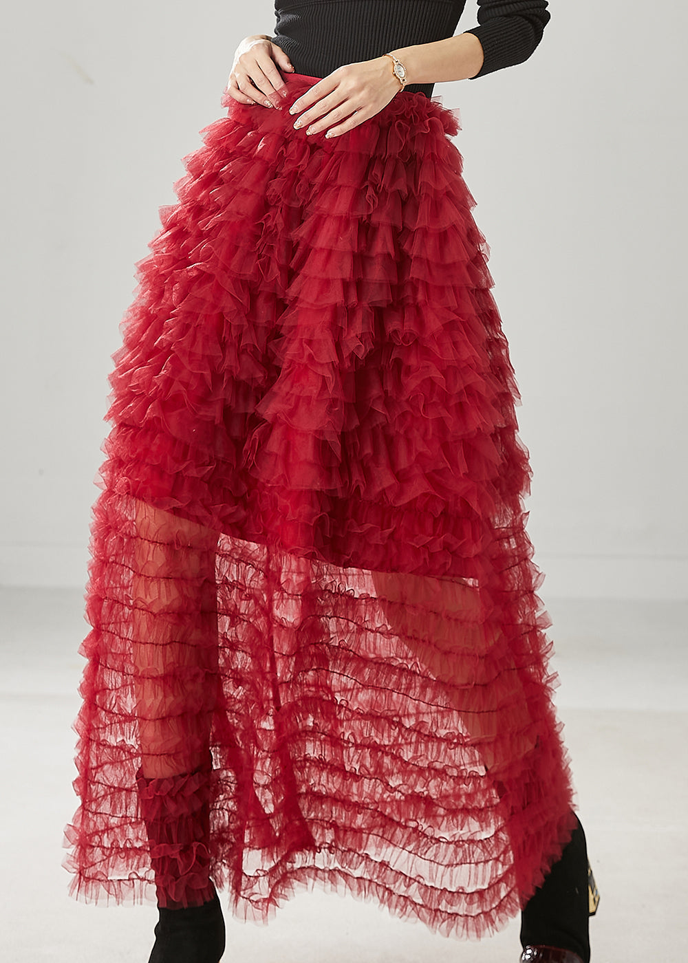 Red Ruffled Tulle Skirt Summer