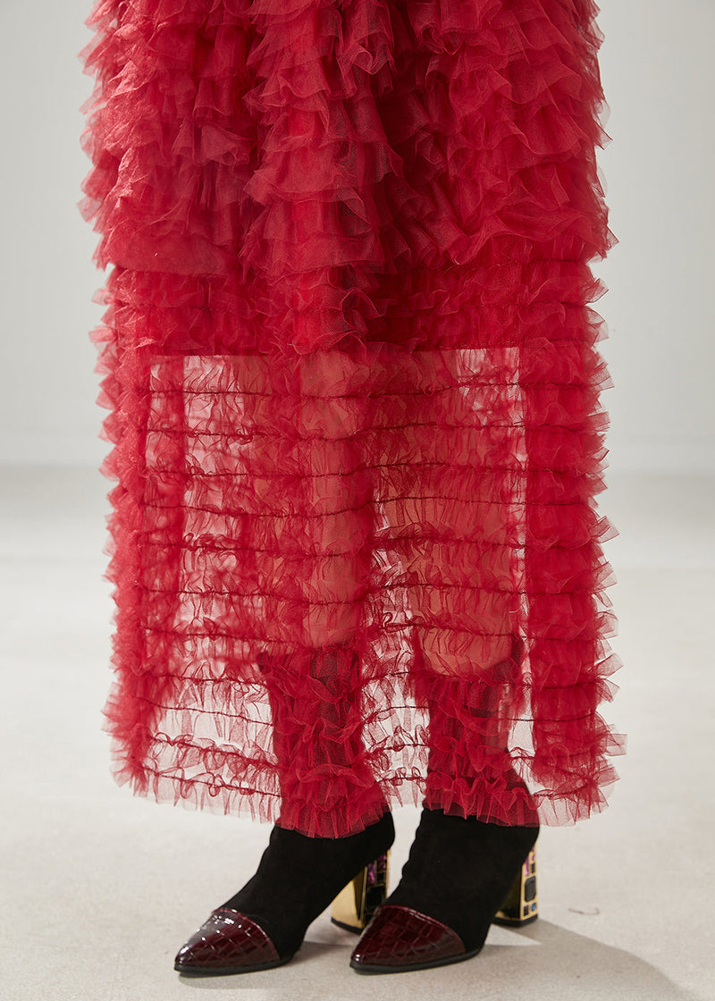 Red Ruffled Tulle Skirt Summer