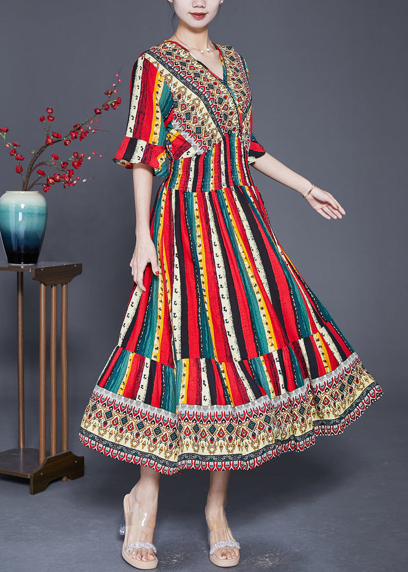 Red Striped Cotton Vacation Dresses Flare Sleeve