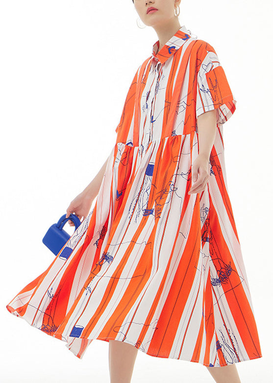 Red Striped Peter Pan Collar Print Cotton Maxi Shirt Dress Summer