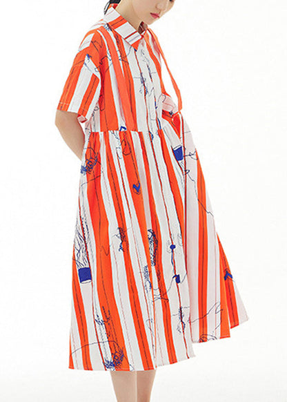 Red Striped Peter Pan Collar Print Cotton Maxi Shirt Dress Summer