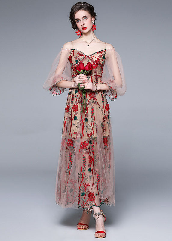 Red V Neck Embroideried Patchwork Tulle Dress Lantern Sleeve