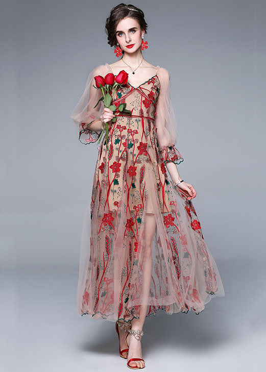 Red V Neck Embroideried Patchwork Tulle Dress Lantern Sleeve