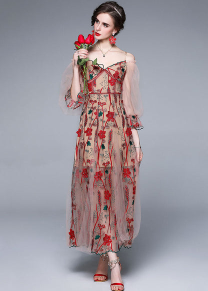 Red V Neck Embroideried Patchwork Tulle Dress Lantern Sleeve