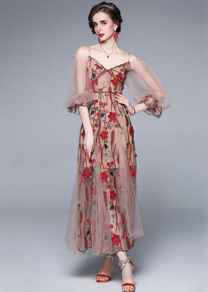 Red V Neck Embroideried Patchwork Tulle Dress Lantern Sleeve