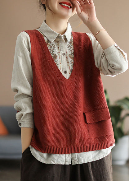 Red V Neck Patchwork Cotton Knit Vest Sleeveless