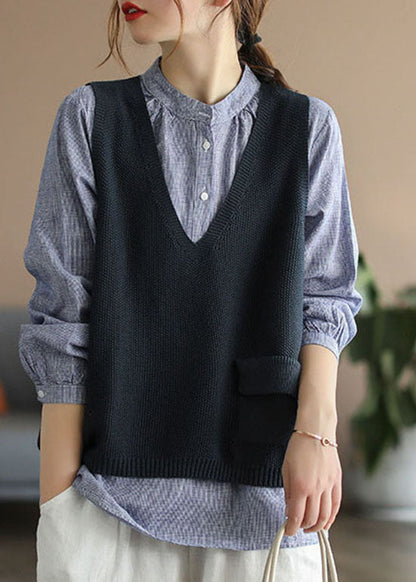 Red V Neck Patchwork Cotton Knit Vest Sleeveless