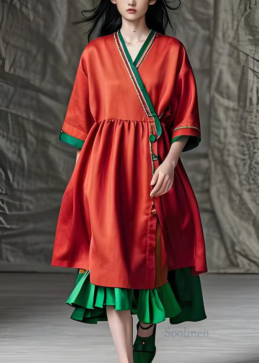 Red V Neck Patchwork Loose Cotton Dress Summer