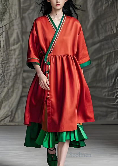Red V Neck Patchwork Loose Cotton Dress Summer