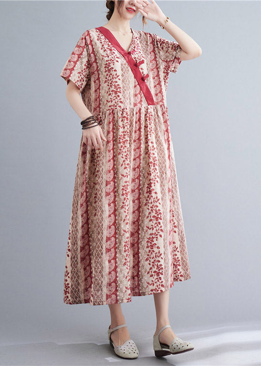 Red V Neck Print Button Long Dress Short Sleeve
