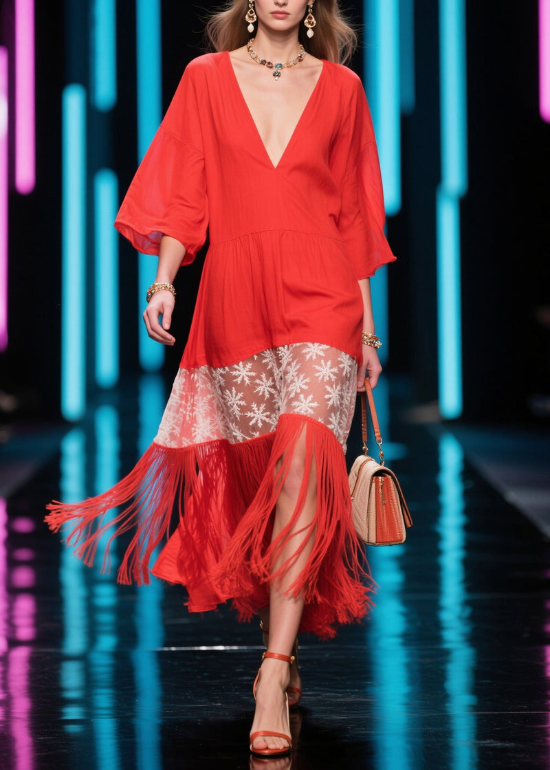 Red V Neck Print Tassel Cotton Dress Summer