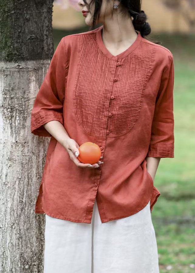 Red Wrinkled Patchwork Linen Shirt Tops Bracelet Sleeve