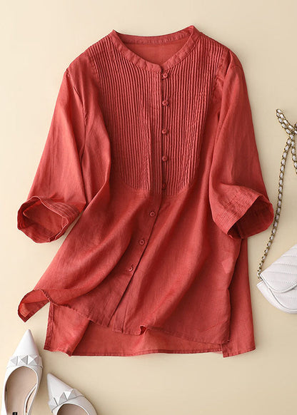 Red Wrinkled Patchwork Linen Shirt Tops Bracelet Sleeve