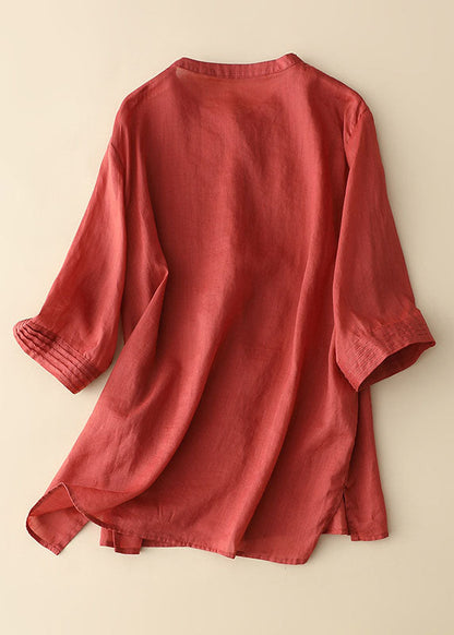 Red Wrinkled Patchwork Linen Shirt Tops Bracelet Sleeve