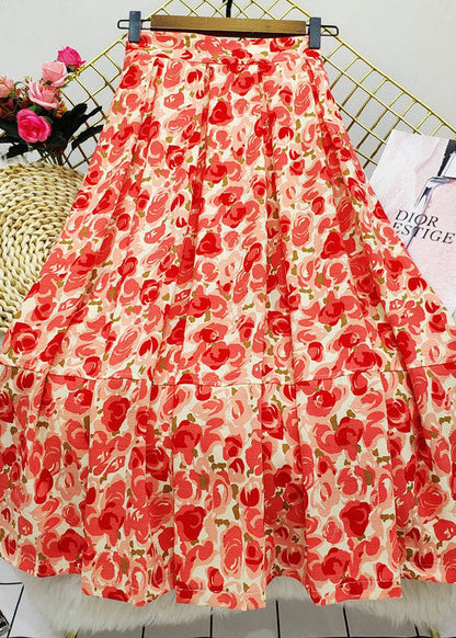 Red Wrinkled Patchwork Print Cotton Skirt Summer