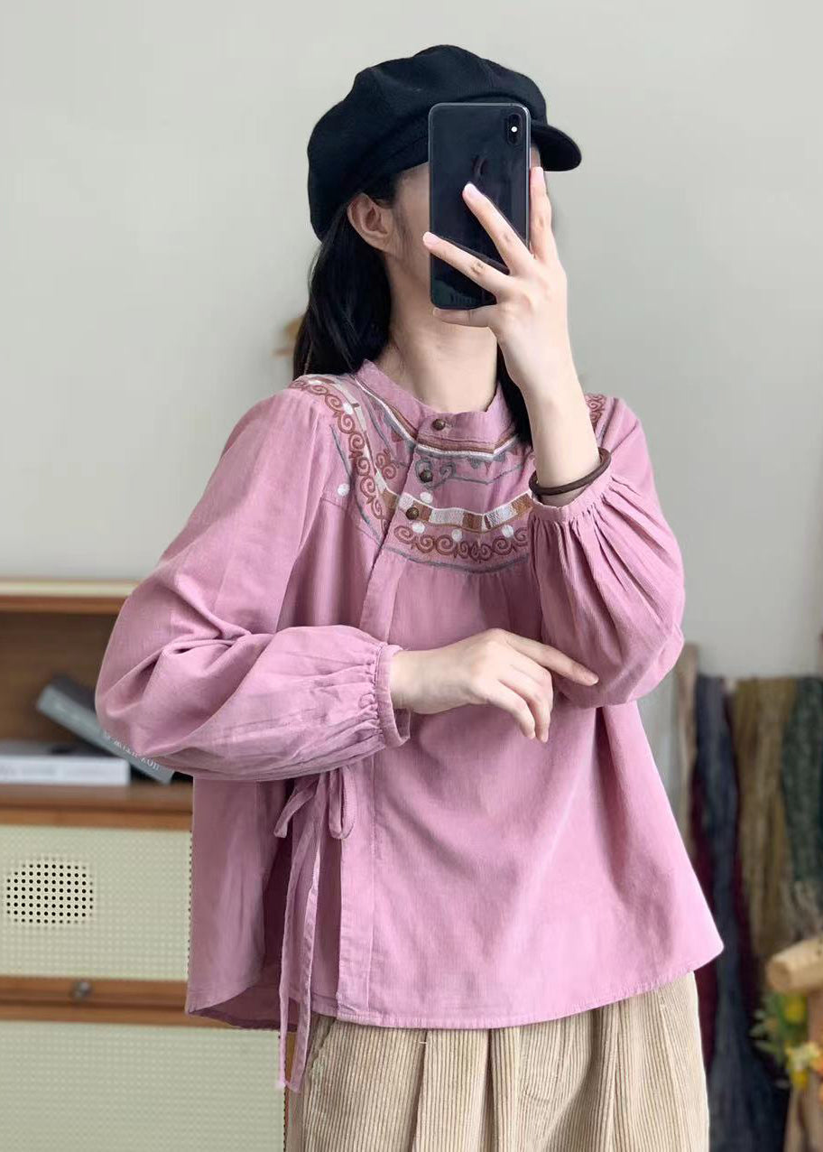 Retro White Embroidered Lace Up Corduroy Shirt Spring