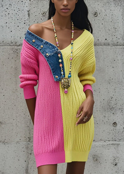 Rose Asymmetrical Patchwork Denim Knitted Dress Fall