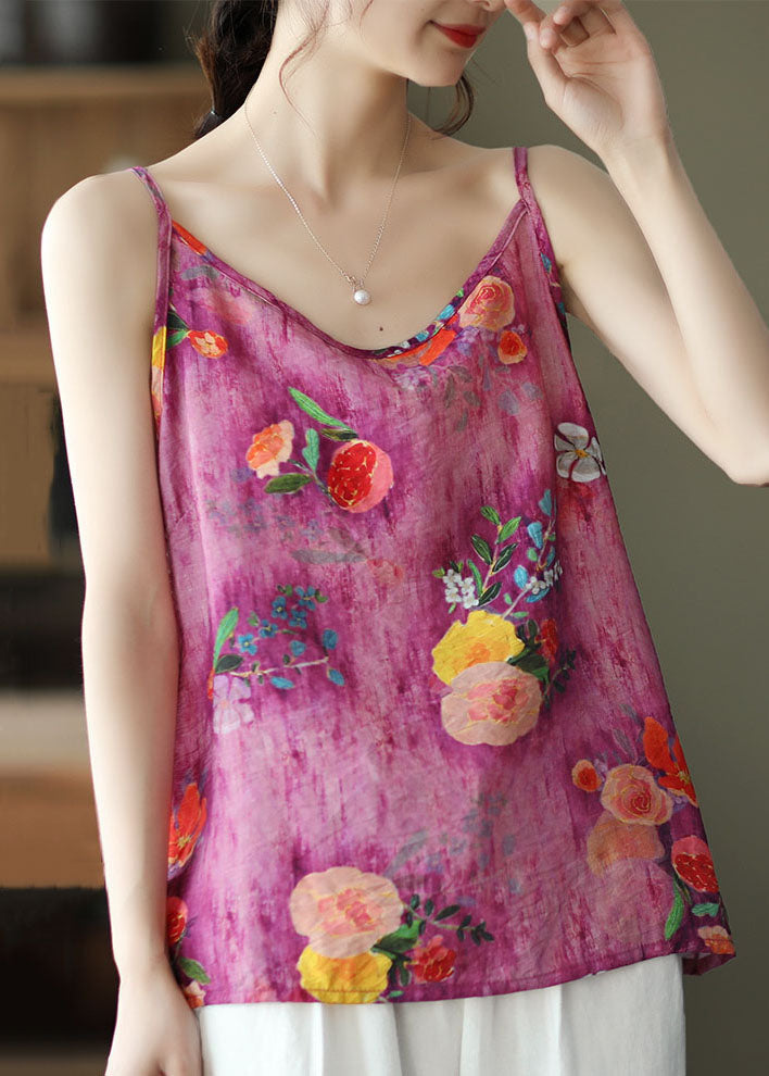 Rose O Neck Print Patchwork Linen Tank Sleeveless