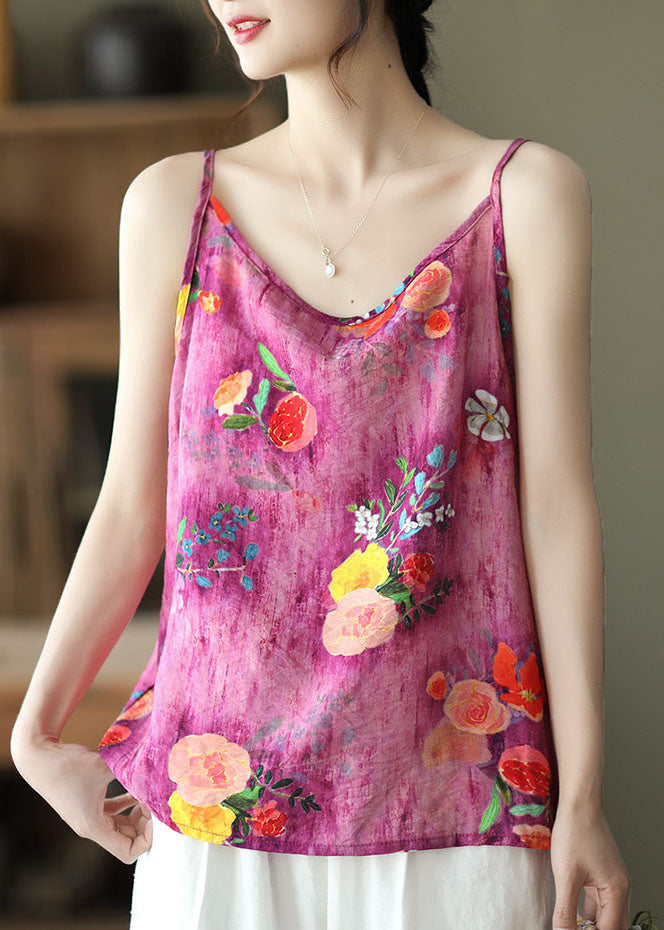 Rose O Neck Print Patchwork Linen Tank Sleeveless