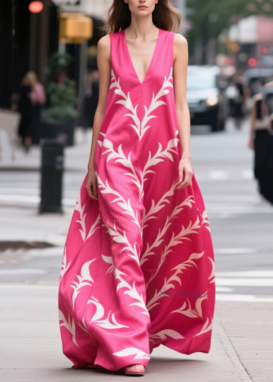 Rose Oversized Print Silk Maxi Dress Summer