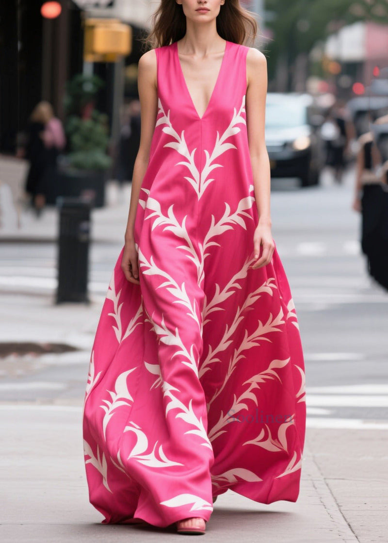 Rose Oversized Print Silk Maxi Dress Summer