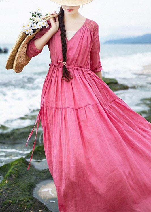 Rose Patchwork Lace Pockets Maxi Summer Linen Dress