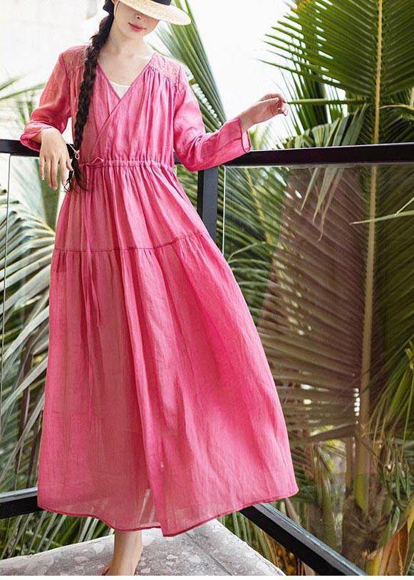 Rose Patchwork Lace Pockets Maxi Summer Linen Dress