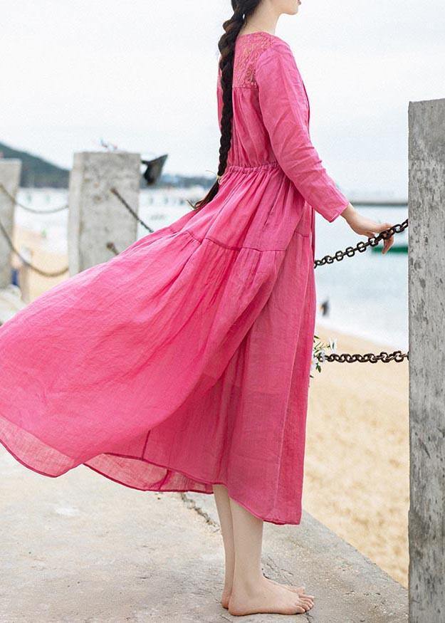 Rose Patchwork Lace Pockets Maxi Summer Linen Dress