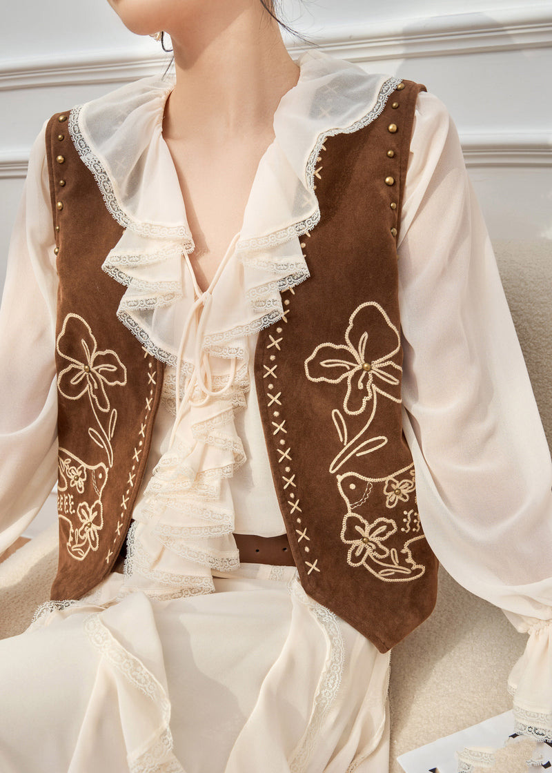 Ruffled Print Waistcoat and Chiffon Shirt Two Pieces Set Flare Sleeve