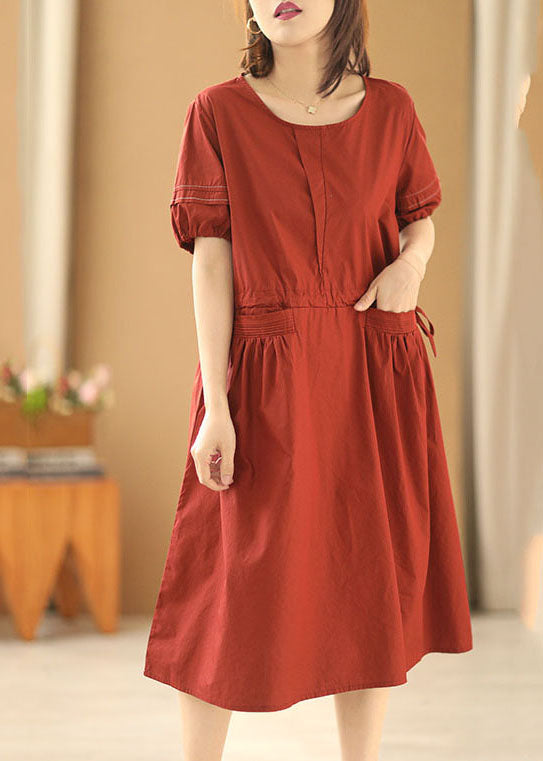 Red O-neck Drawstring Cotton Holiday Dress Short Sleeve