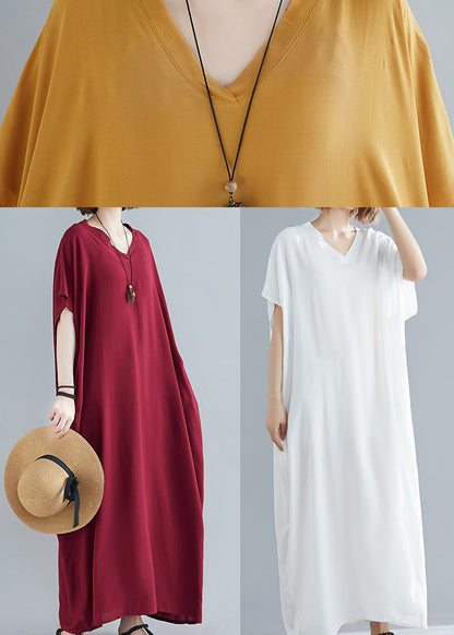 Red V Neck Cotton Ankle Dress Short Sleeve