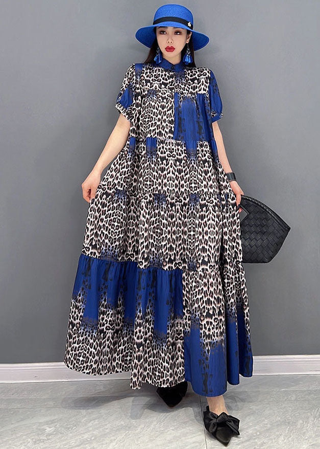 Stand Collar Leopard Print Wrinkled Long Dress Short Sleeve