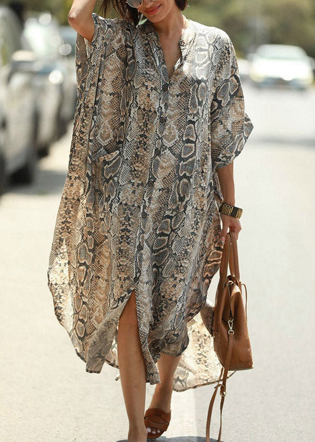 Stand Collar Print Button Side Open Maxi Shirts Dresses Summer