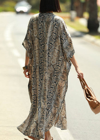 Stand Collar Print Button Side Open Maxi Shirts Dresses Summer