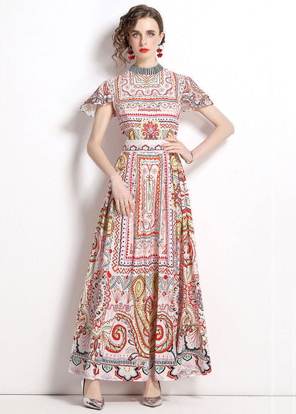 Stand Collar Print Wrinkled Patchwork Chiffon Maxi Dresses Summer