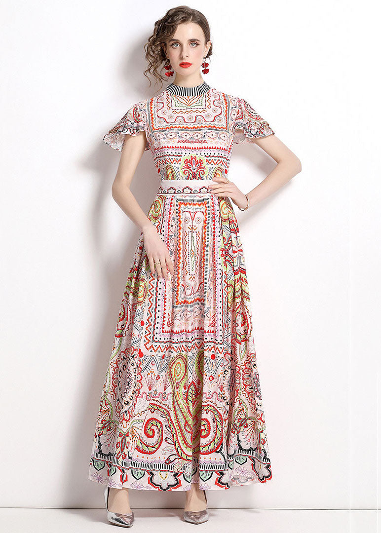 Stand Collar Print Wrinkled Patchwork Chiffon Maxi Dresses Summer