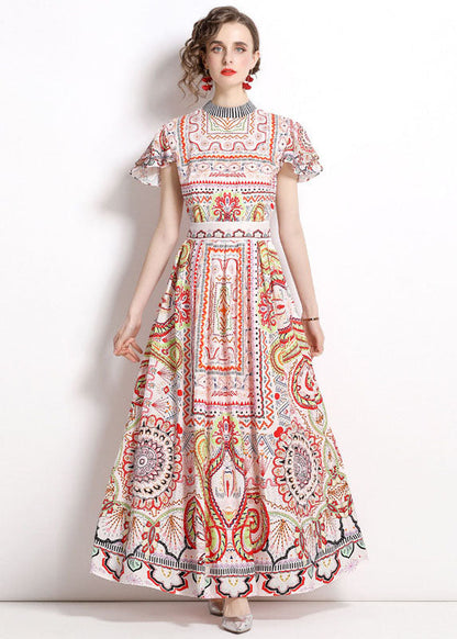 Stand Collar Print Wrinkled Patchwork Chiffon Maxi Dresses Summer