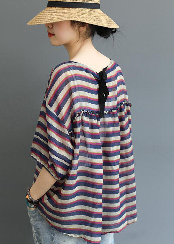 Striped O-neck Asymmetrical Design Print Fall Top