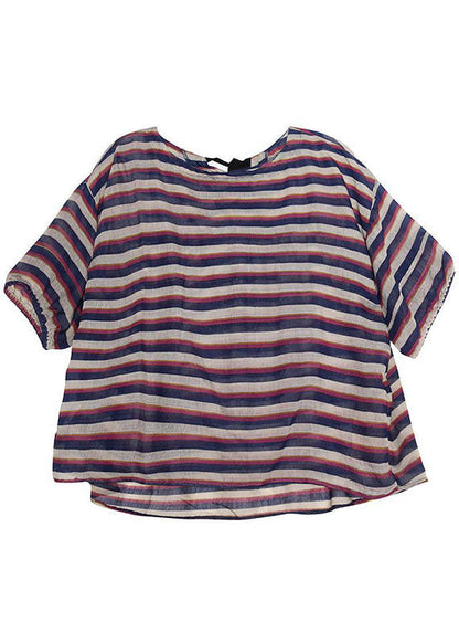 Striped O-neck Asymmetrical Design Print Fall Top